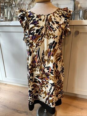 Tibi Cream Printed Ruffle-Sleeve 100% silk Below the knee length Dress